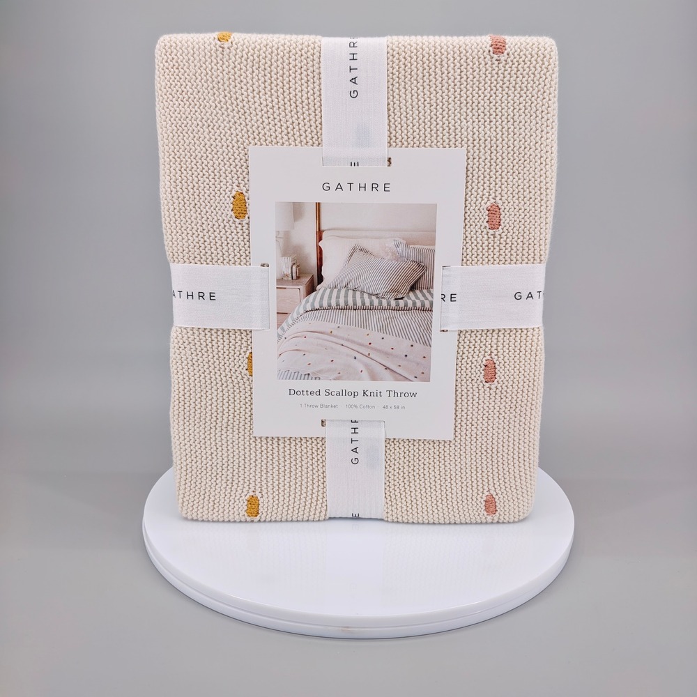 Gathre Dotted Scallop Knit Throw Blanket 100% Cotton Cream Multi 48x58‎ New